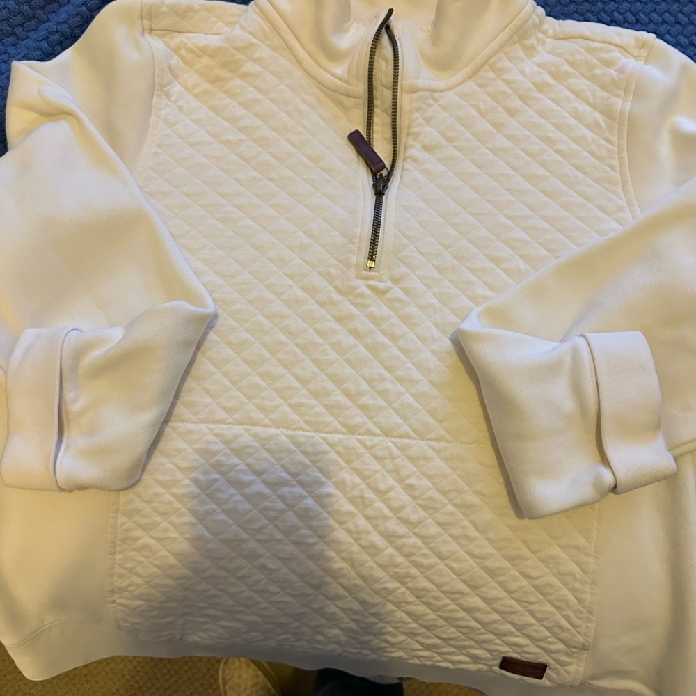L.L. Bean Quilted Half-Zip Pullover in White with Brown Accent